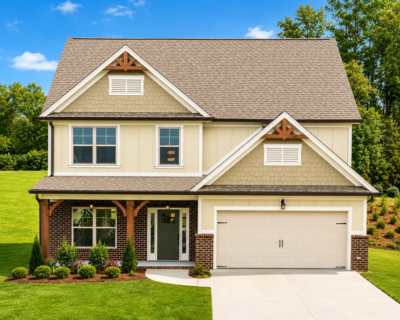 Hawthorne floor plan-front-exterior-home-for-sale Two-story suburban home with beige siding, brick accents, and a two-car garage, built by Pratt Home Builders in Chattanooga TN.