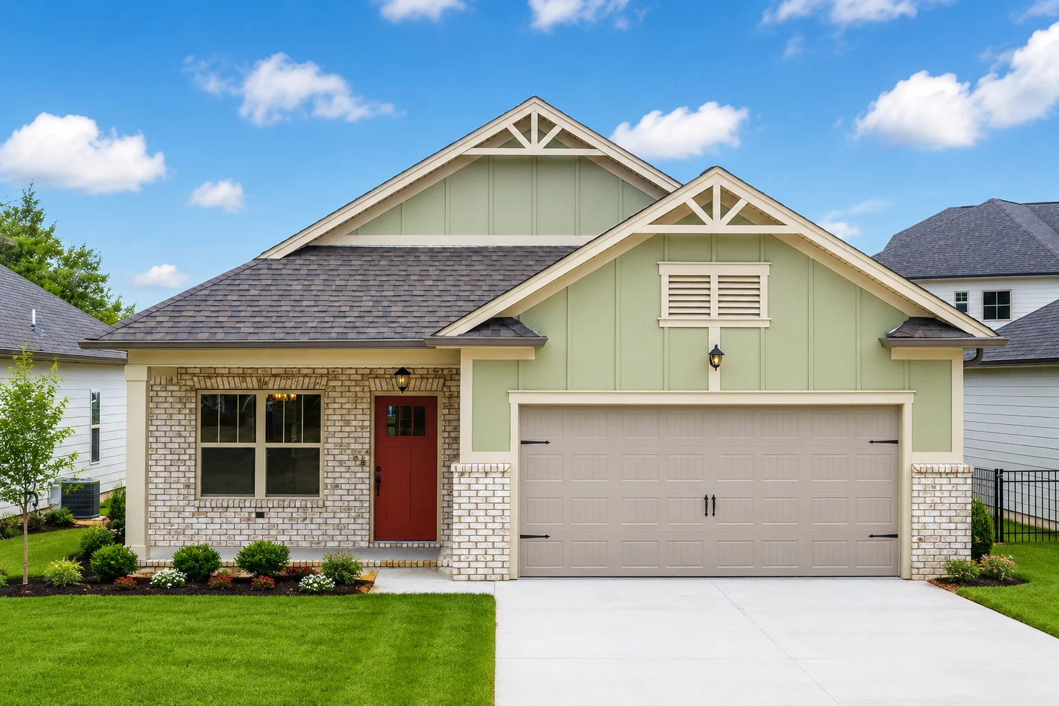 Modern single-story home with a gabled roof, red door, and lush lawn by Pratt Home Builders in Chattanooga TN under a clear blue sky.