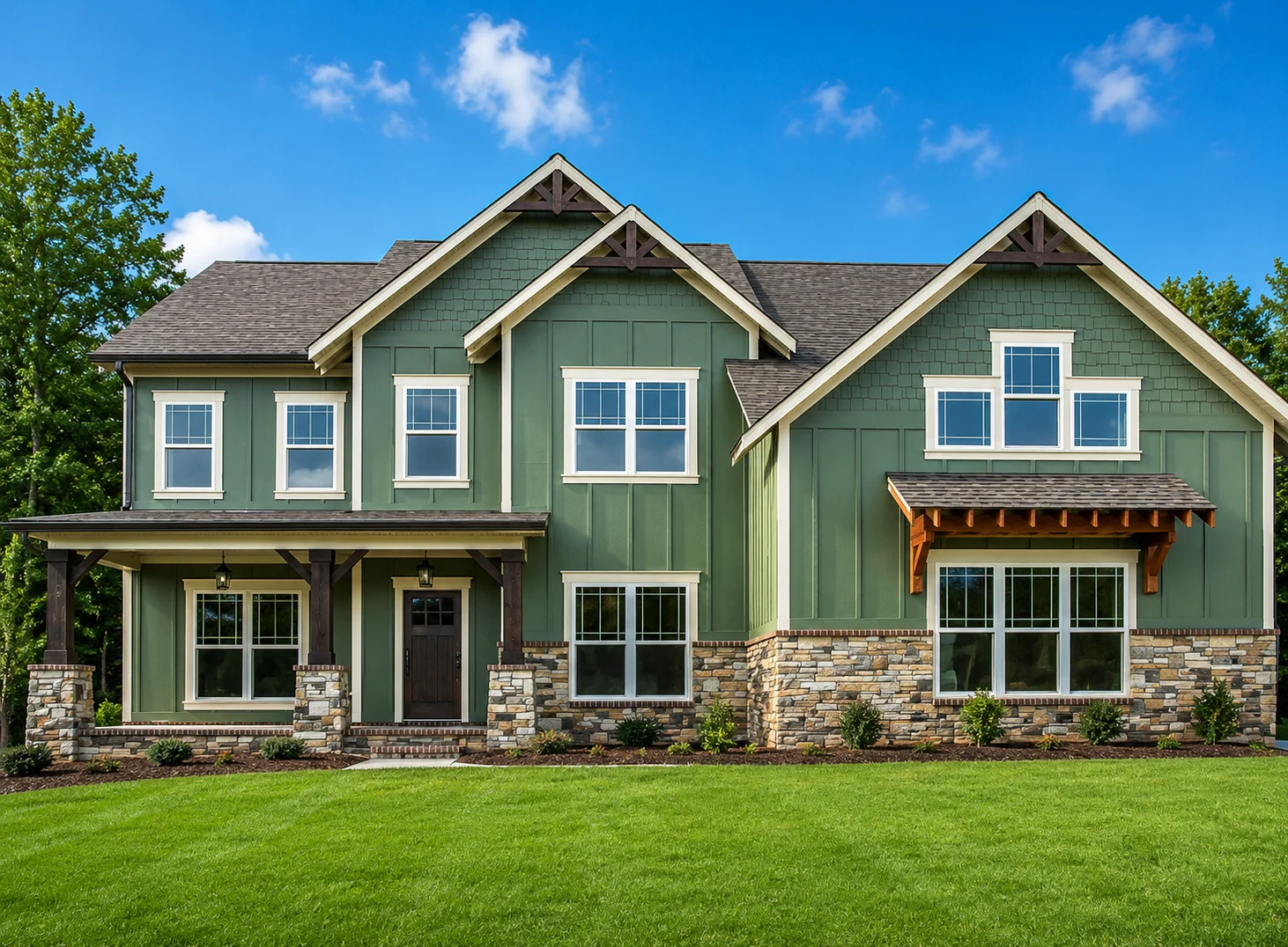 Magnolia-lane-floor-plan-front-exterior-home-for-sale Two-story green house with stone accents, large windows, and a gabled roof. Built by Pratt Home Builders in Chattanooga TN.