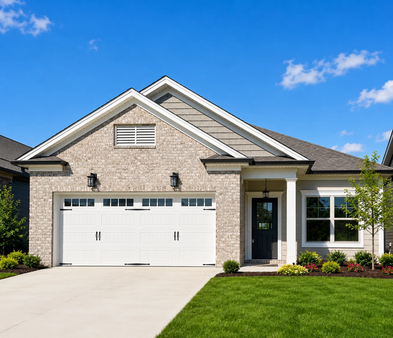 Pearl-floor-plan-front-exterior-home-for-sale Modern brick house with two-car garage and well-kept lawn, built by Pratt Home Builders in Chattanooga, TN.