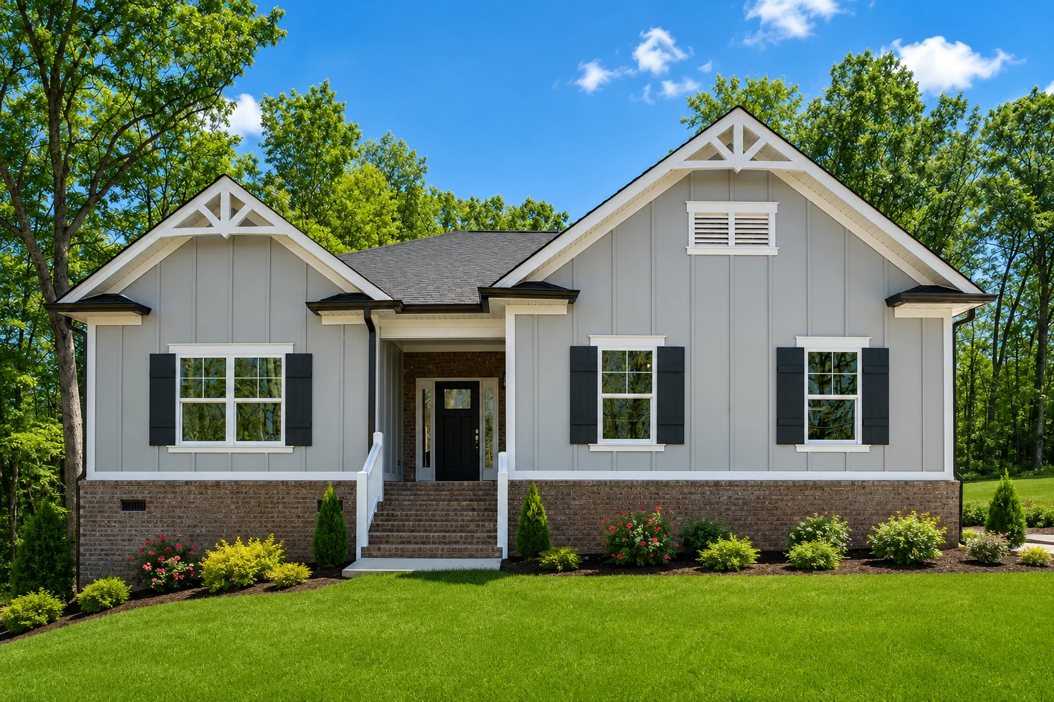 Walden-Ridge-floor-plan-front-exterior-home-for-sale Gray and white suburban home by Pratt Home Builders in Chattanooga TN, surrounded by green lawn and trees against a clear blue sky.