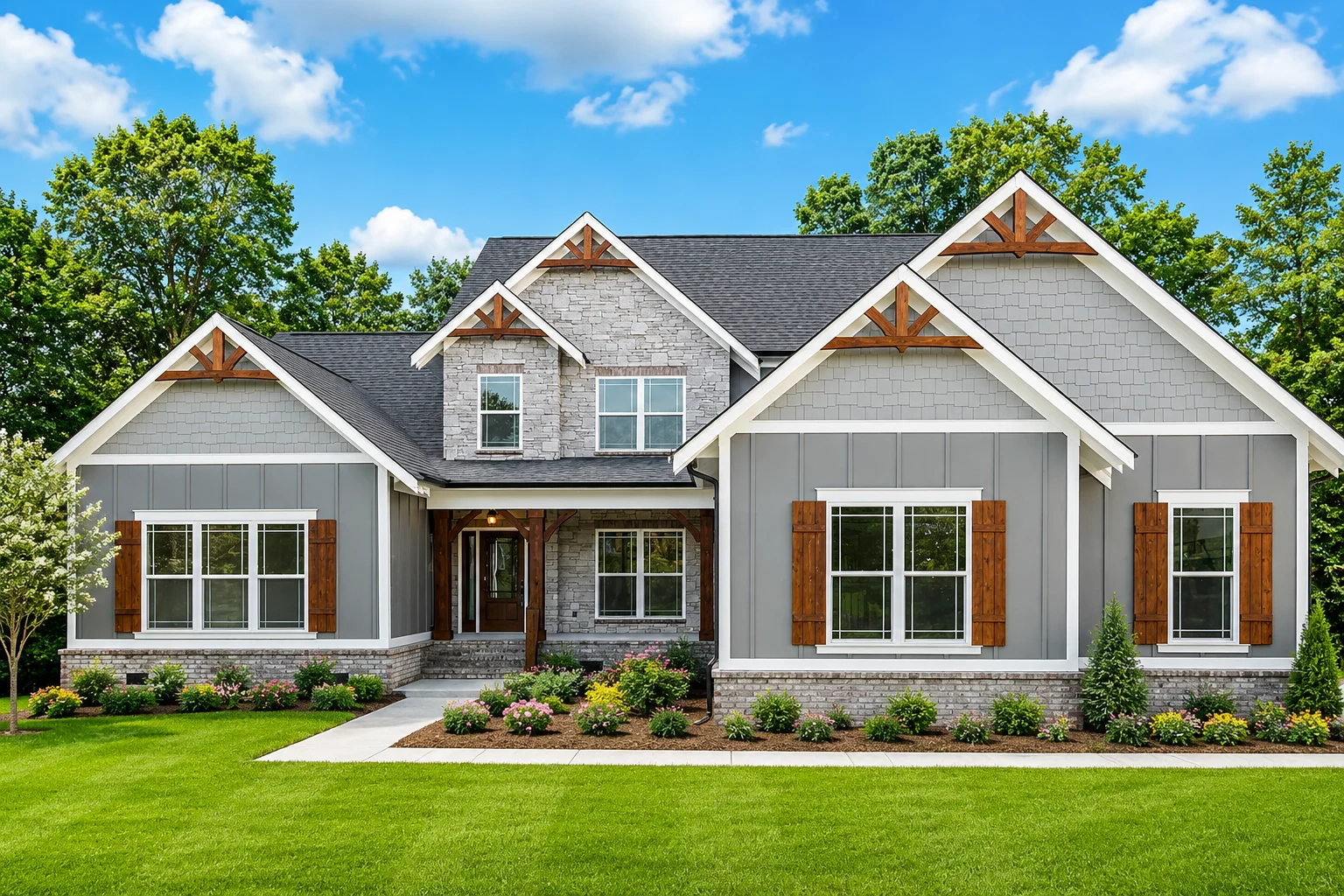 WillowCreek-floor-plan-exterior-front-home-for-sale Elegant gray Craftsman-style home by Pratt Home Builders in Chattanooga TN, featuring wooden accents, large windows, and lush landscaping.