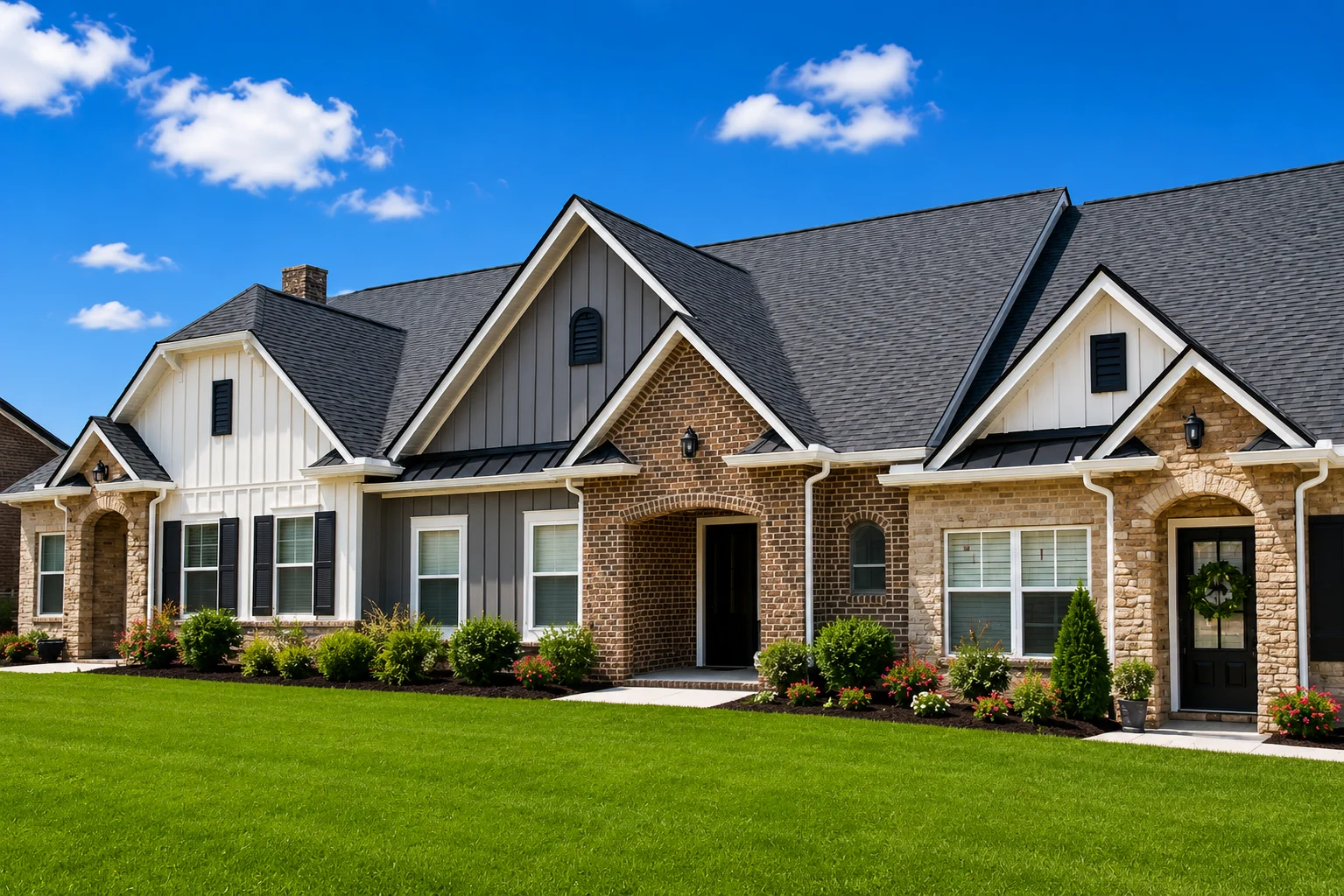 Modern single-story home with mixed brick and wood exterior, manicured lawn, and clear blue sky, built by Pratt Home Builders in Chattanooga TN.