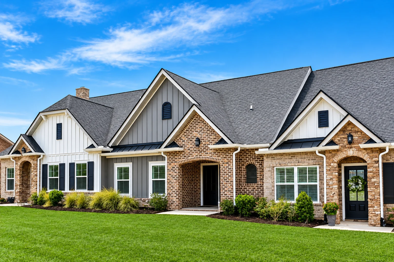 Modern suburban home with a mix of brick and siding, landscaped garden, designed by Pratt Home Builders in Chattanooga TN.