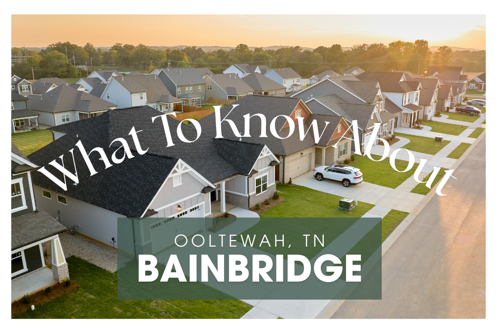 Streetscape of the Bainbridge new home community in Ooltewah, Tennessee, with a Frequently Asked Questions icon and the text What to Know About Bainbridge - Ooltewah, TN