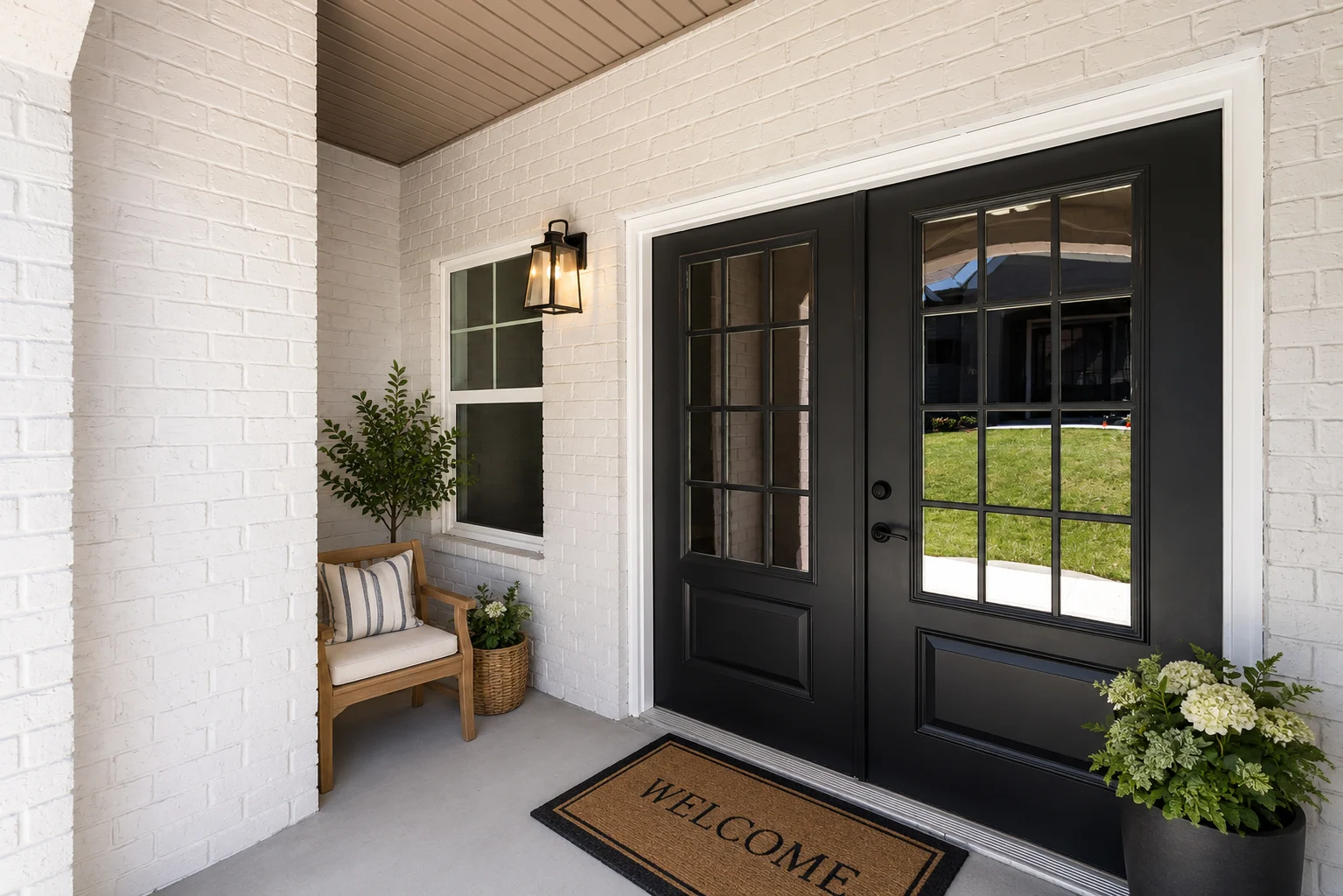Welcoming entryway with black French doors, potted plants, and a cozy bench by Pratt Home Builders in Chattanooga TN.