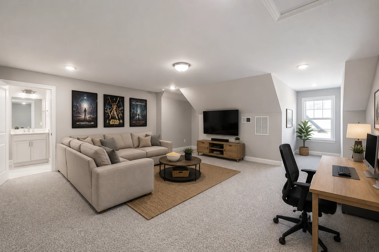 Spacious modern living room by Pratt Home Builders in Chattanooga TN, featuring a gray sectional, desk, and entertainment area.