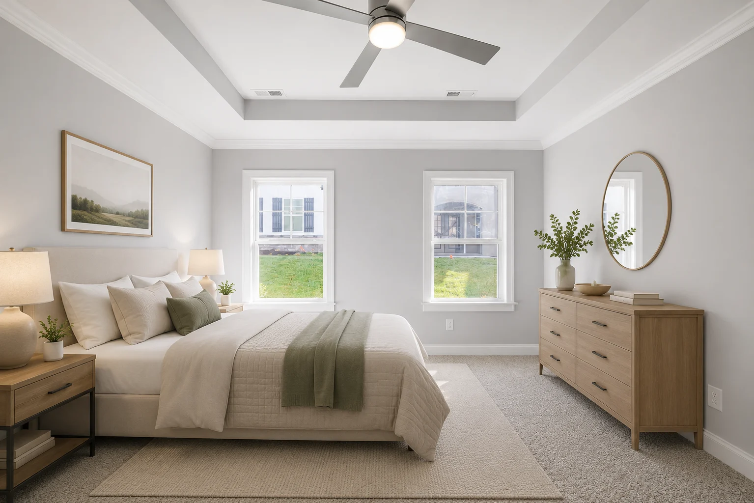 Spacious bedroom with gray walls, tray ceiling, neutral bedding, wooden furniture, and large windows. Pratt Home Builders in Chattanooga TN.