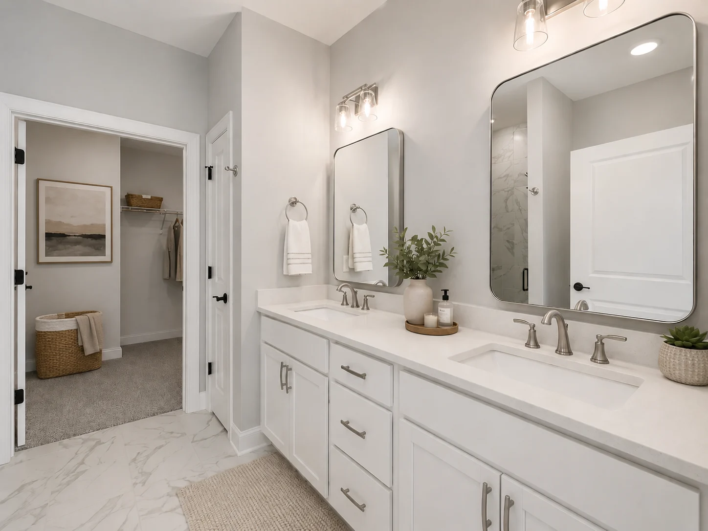 Modern bathroom by Pratt Home Builders in Chattanooga TN, featuring dual sinks, large mirrors, towel racks, and a doorway to a walk-in closet.