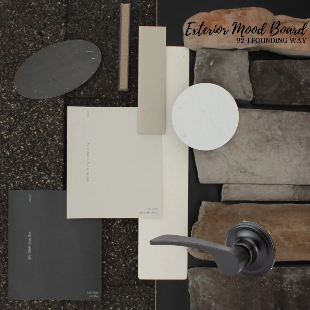 Exterior mood board with neutral tones, textures, and hardware by Pratt Home Builders in Chattanooga TN.