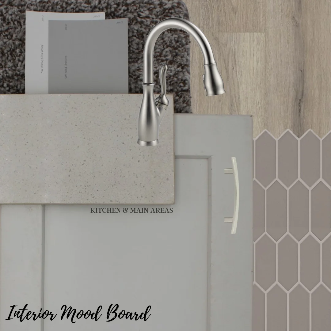 New Home Chattanooga TN. Interior mood board for Pratt Home Builders featuring textures, colors, fixtures, and finishes for kitchen and main areas.