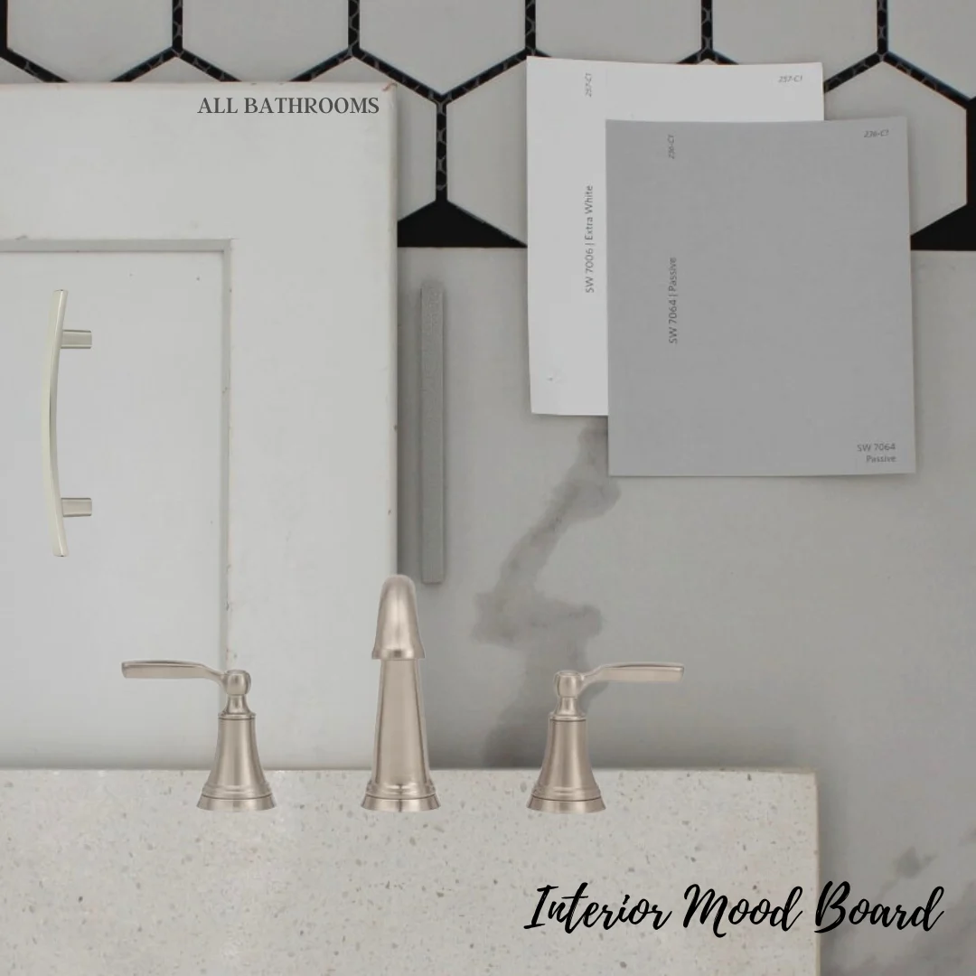 New home Chattanooga TN. Pratt Home Builders bathroom mood board with gray paint swatches, faucet fixtures, tile, and cabinet handle samples.
