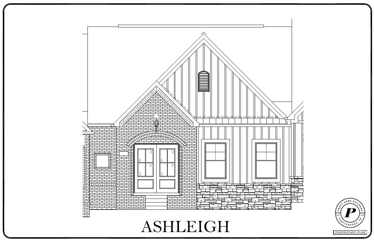 New Home Chattanooga TN. Architectural drawing of Ashleigh home design by Pratt Home Builders, featuring brick and stone accents with a pointed roof.
