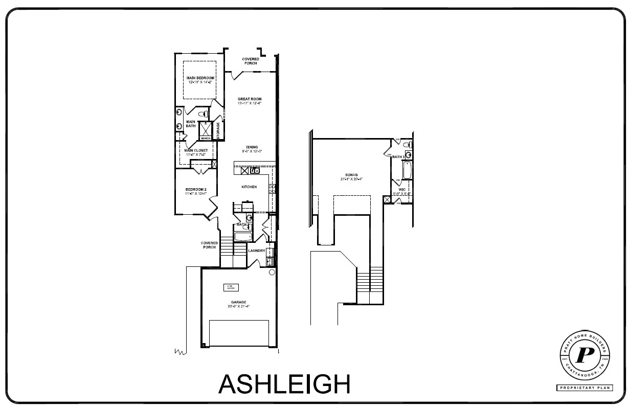 New Home Chattanooga TN. Floor plan for Ashleigh model by Pratt Home Builders, features two bedrooms, main and bonus rooms, and a garage.