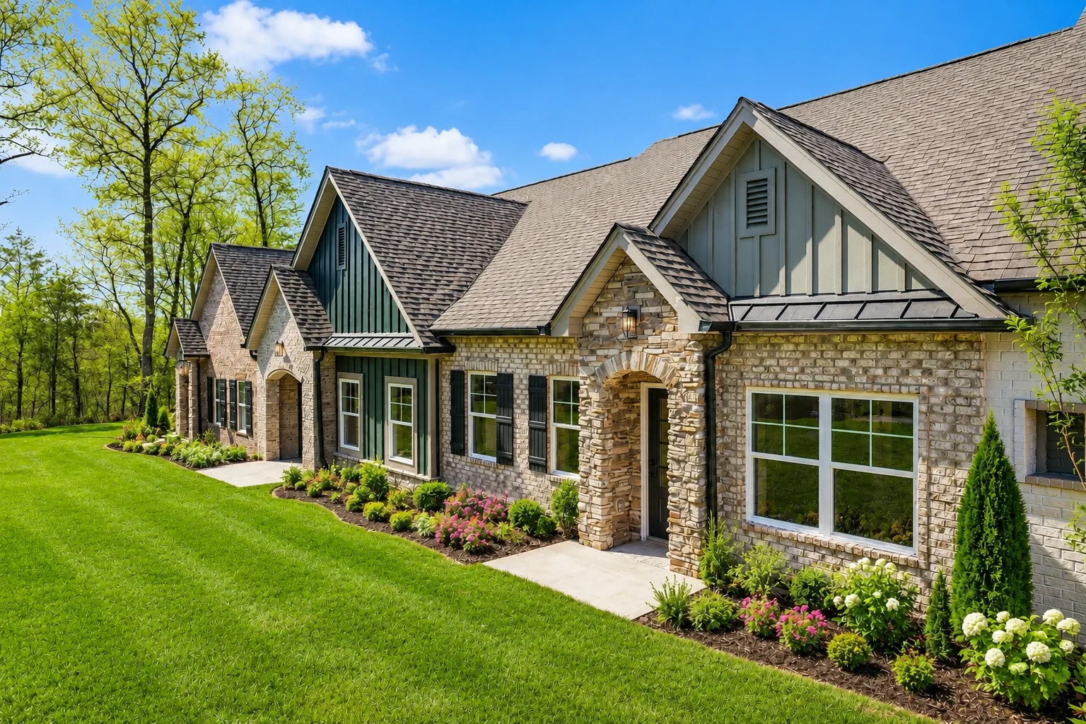 Elegant brick and stone house surrounded by manicured lawn and flowers, built by Pratt Home Builders in Chattanooga TN.