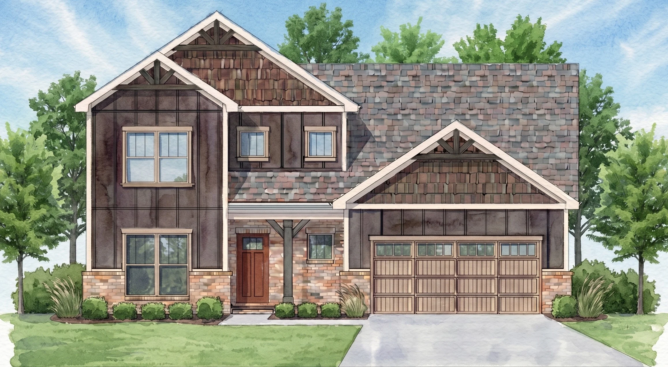 Two-story brown house with a gabled roof, large garage, and red front door, surrounded by trees and greenery. Designed by Pratt Home Builders in Chatt
