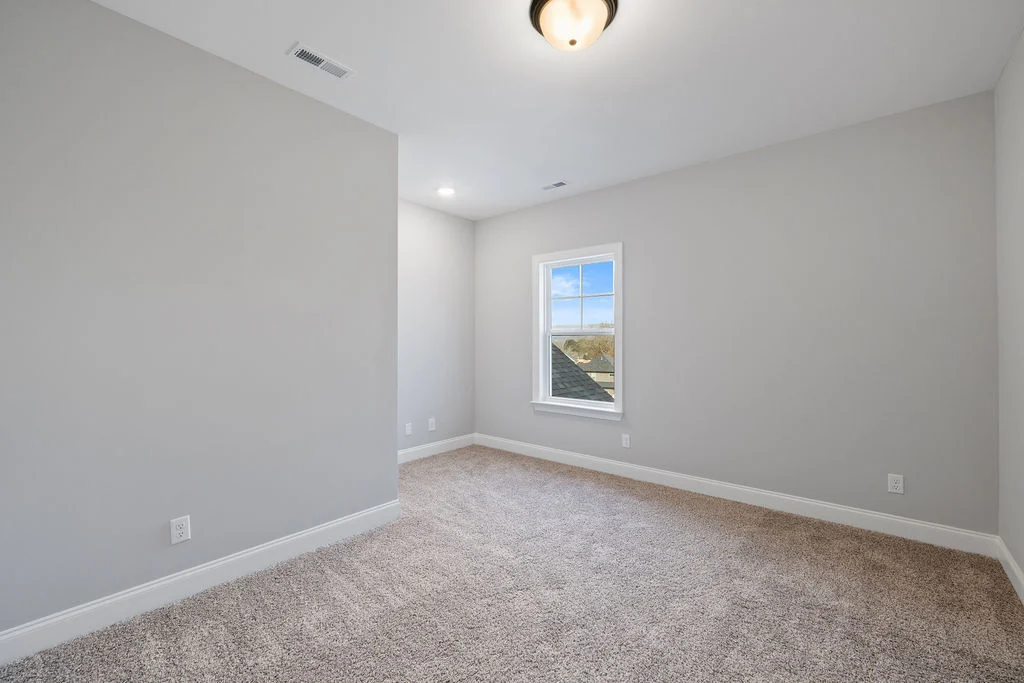 Empty carpeted room with gray walls, ceiling light, and a window showcasing a scenic view. Built by Pratt Home Builders in Chattanooga TN.