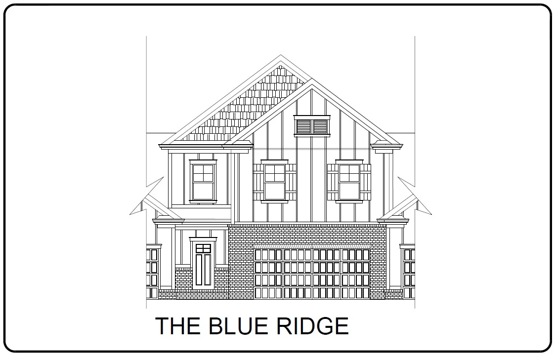 Blueprint design of "The Blue Ridge" house by Pratt Home Builders in Chattanooga TN, featuring a gable roof and a two-car garage.