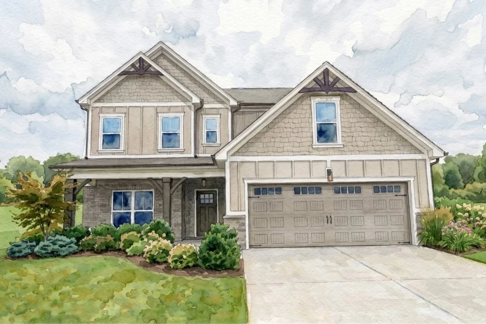 Two-story suburban house with gray siding and garage, lush landscaping; designed by Pratt Home Builders in Chattanooga TN.