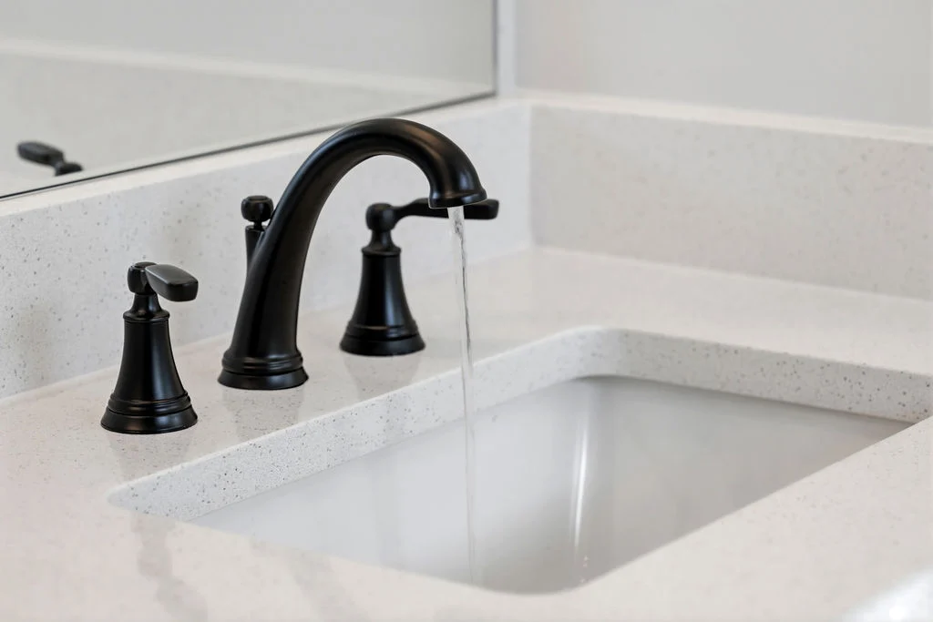 Black faucet with flowing water over a white quartz sink, designed by Pratt Home Builders in Chattanooga TN.