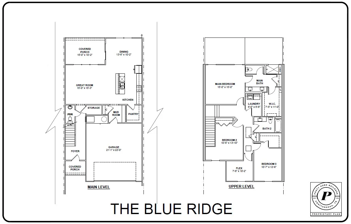 Floor plan for The Blue Ridge by Pratt Home Builders in Chattanooga, TN, featuring two levels with living, dining, bedrooms, baths, and garage.
