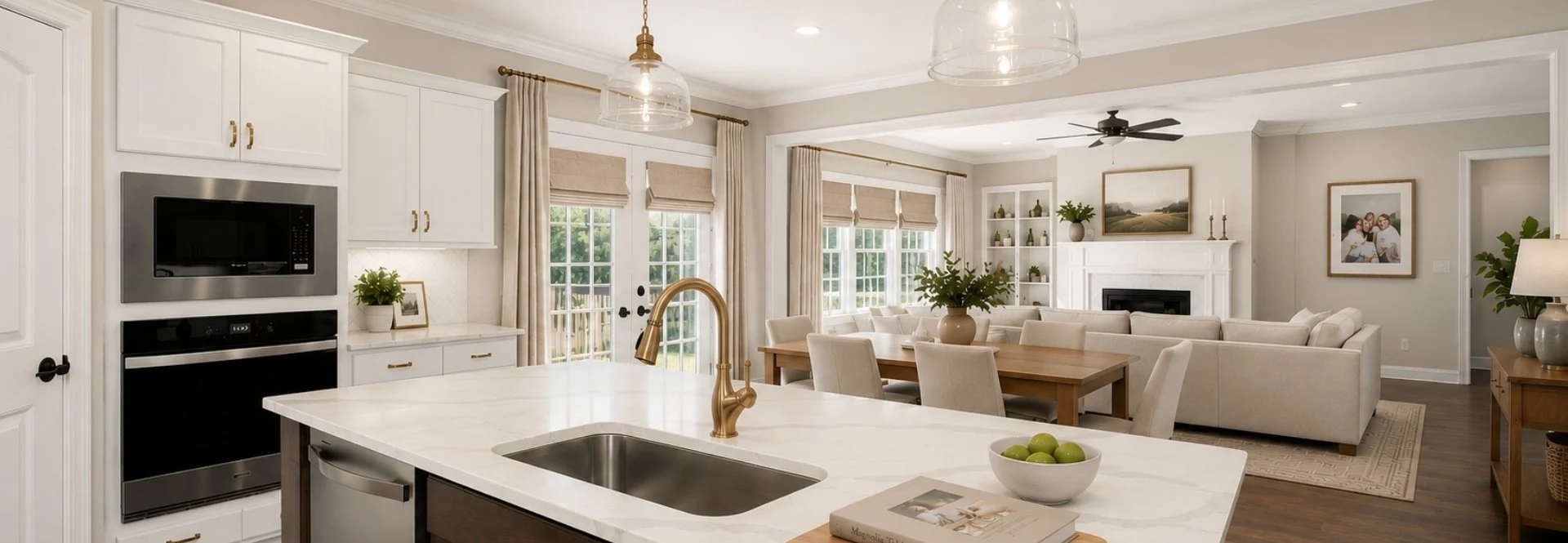 Modern open-concept kitchen and living room by Pratt Home Builders in Chattanooga TN, featuring white cabinets, marble countertops, and cozy seating.