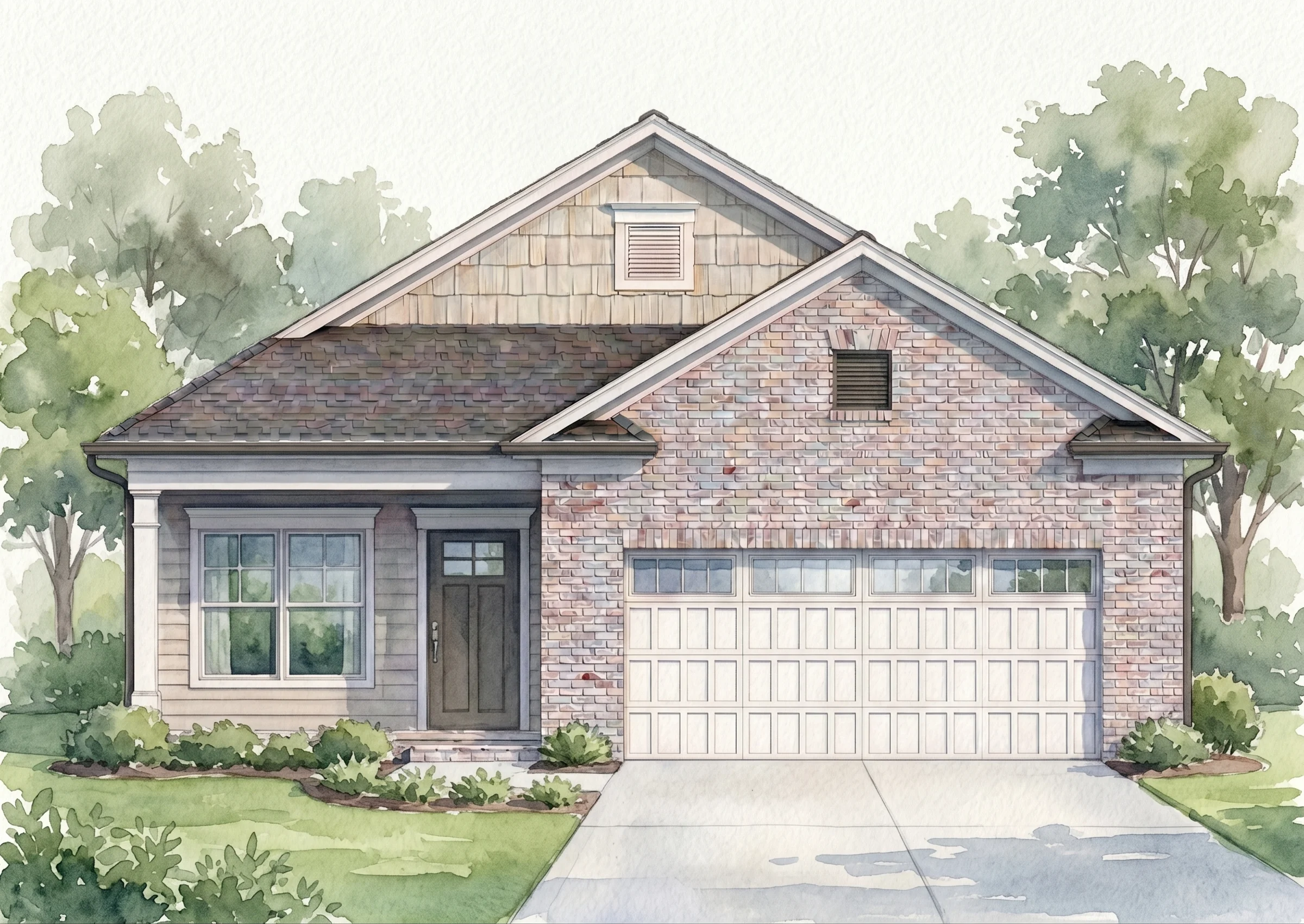 Charming single-story home by Pratt Home Builders in Chattanooga, TN, featuring brick facade, large windows, and a two-car garage.