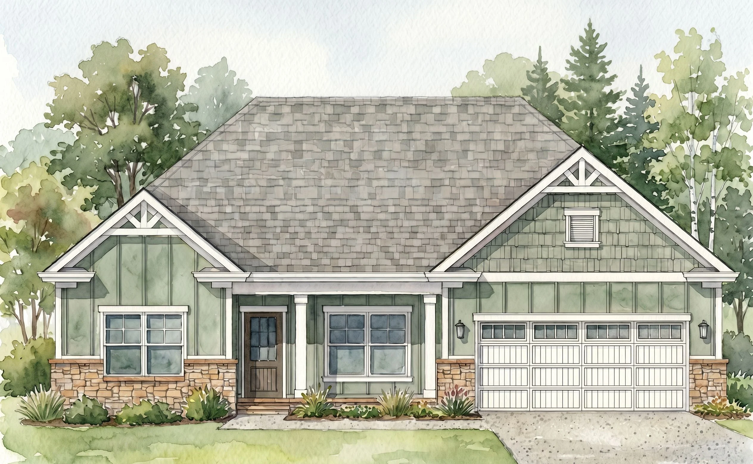 Cozy green Craftsman bungalow with a shingle roof and stone accents by Pratt Home Builders in Chattanooga TN, surrounded by lush trees.