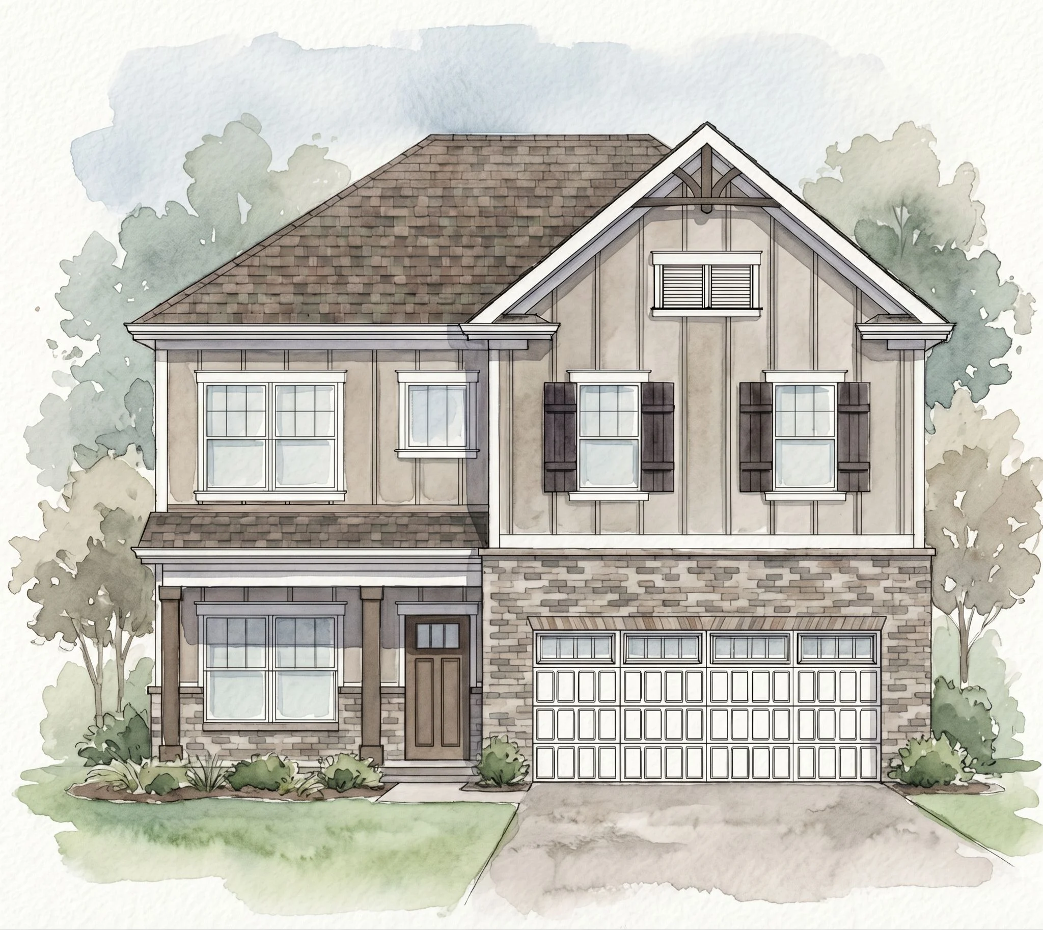 Two-story house with brown siding and brick, featuring a gable roof and double garage. Design by Pratt Home Builders in Chattanooga TN.