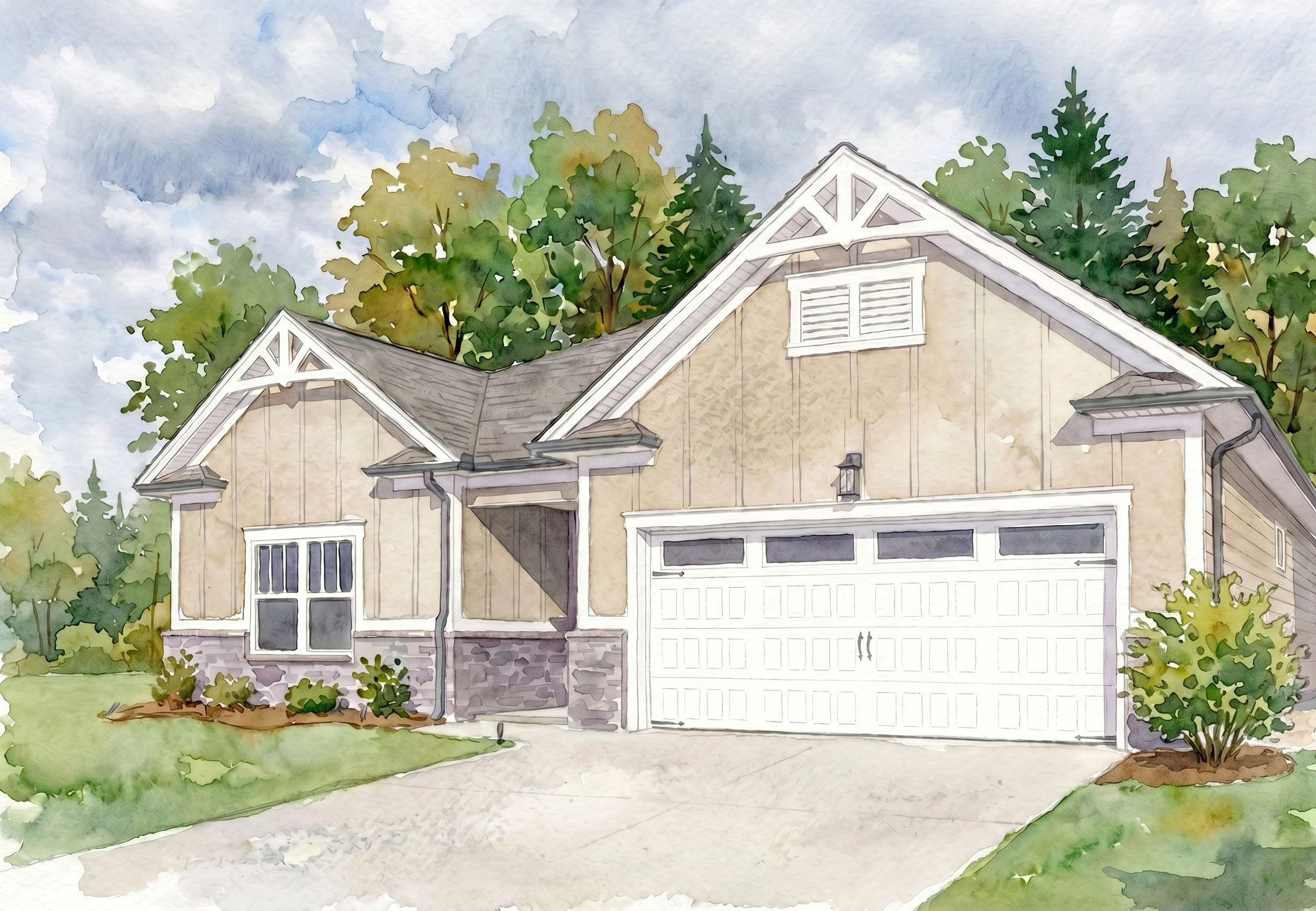 Watercolor of a beige house with triangular roof designs, lush greenery; associated with Pratt Home Builders in Chattanooga TN.