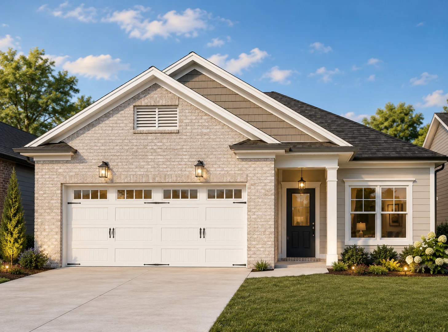 Single-story brick house with lush yard and lantern lights, built by Pratt Home Builders in Chattanooga TN.