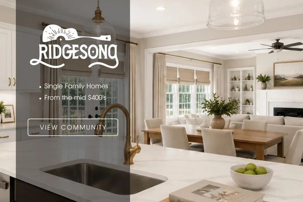 Ridgesong promotion by Pratt Home Builders in Chattanooga TN; elegant, modern kitchen and dining area, single-family homes from mid-$400s.