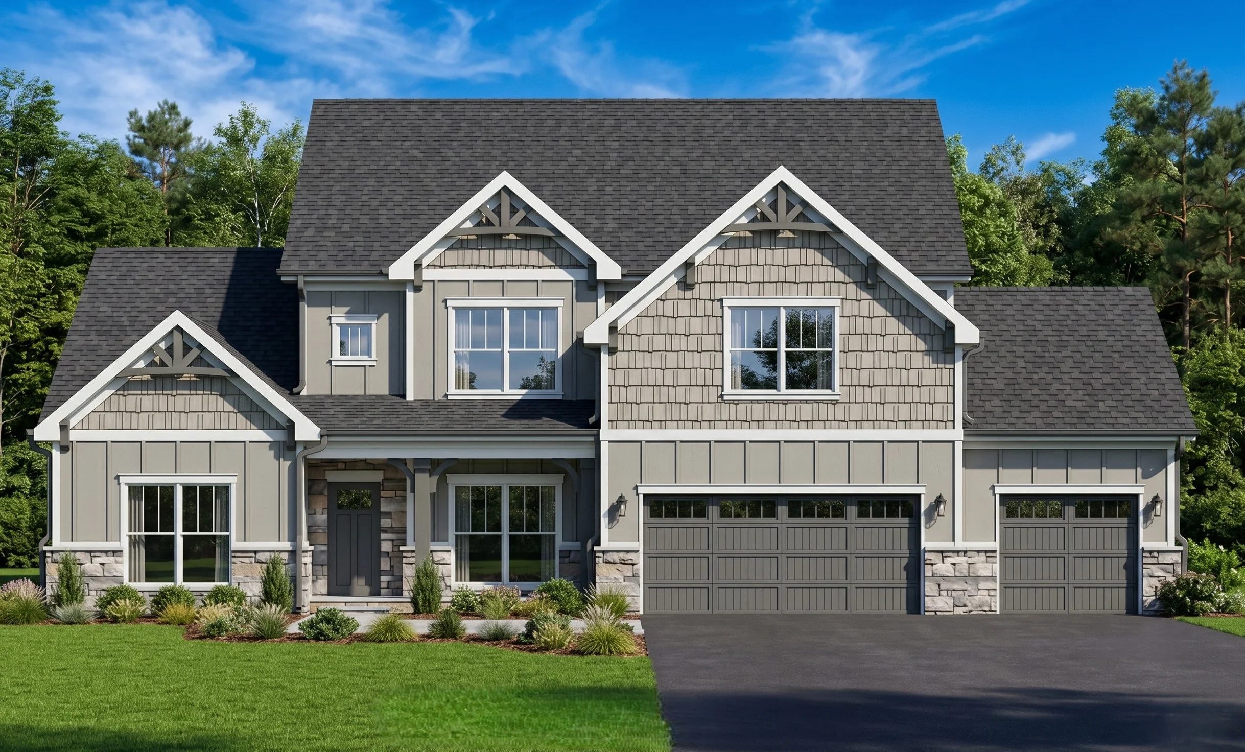 Two-story modern Craftsman home with gray siding and stone accents, built by Pratt Home Builders in Chattanooga TN, surrounded by greenery.