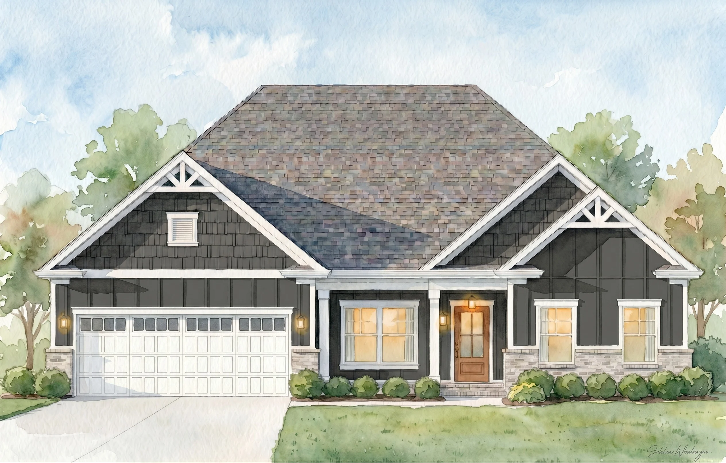 Watercolor rendering of a single-story home with dark siding, white trim, and a two-car garage by Pratt Home Builders in Chattanooga TN.