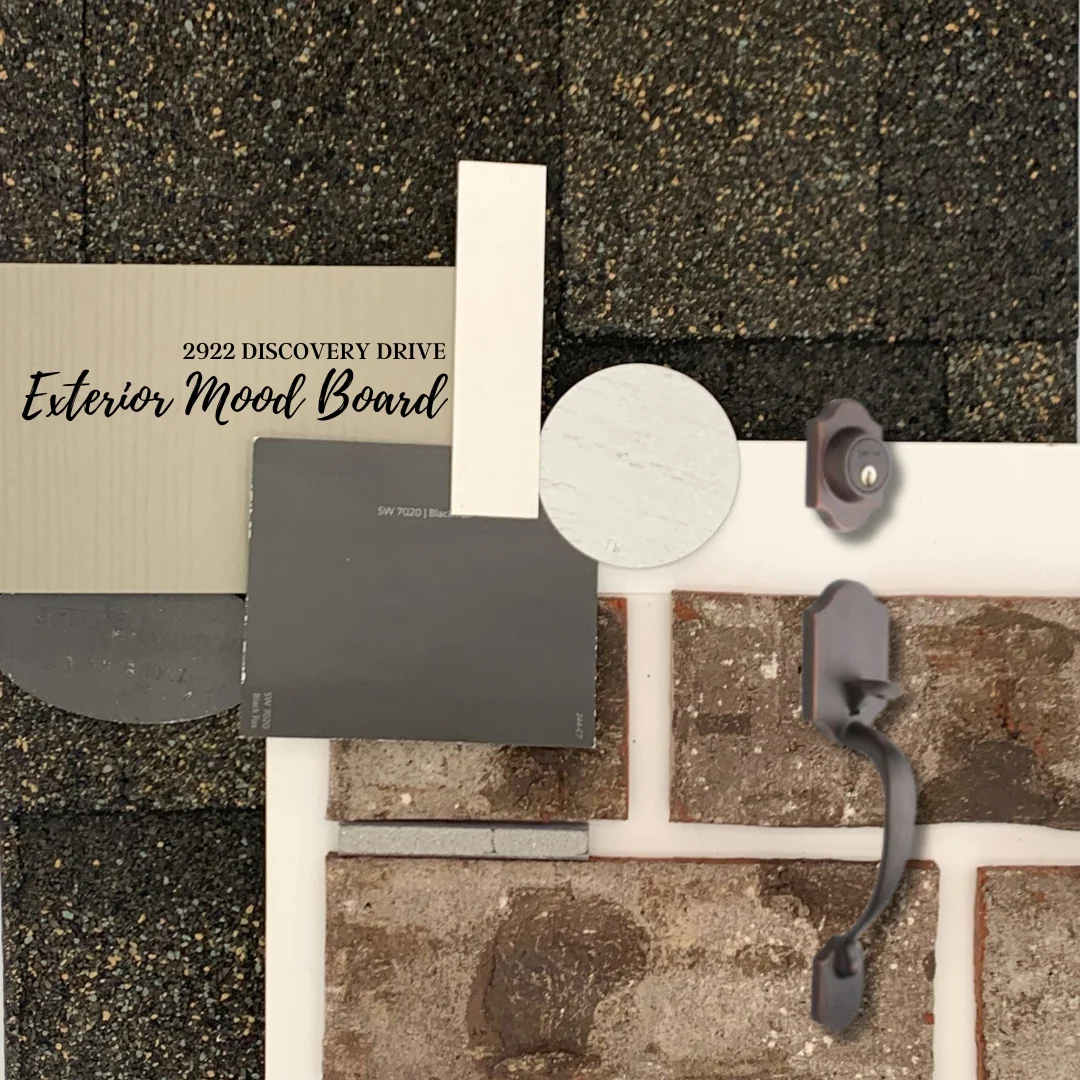 Exterior mood board with textured roofing, bricks, a door handle, and color swatches, labeled "2922 Discovery Drive" by Pratt Home Builders in Chattan