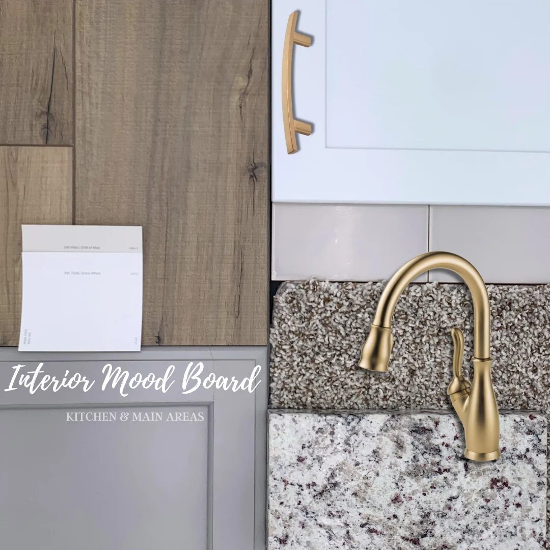 Interior mood board with wood, granite, gold faucet, and fabric samples by Pratt Home Builders in Chattanooga TN.