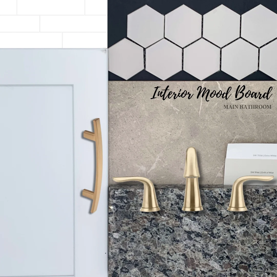 Bathroom mood board featuring Pratt Home Builders in Chattanooga TN, showcasing brass fixtures, hexagonal tiles, and marble textures.