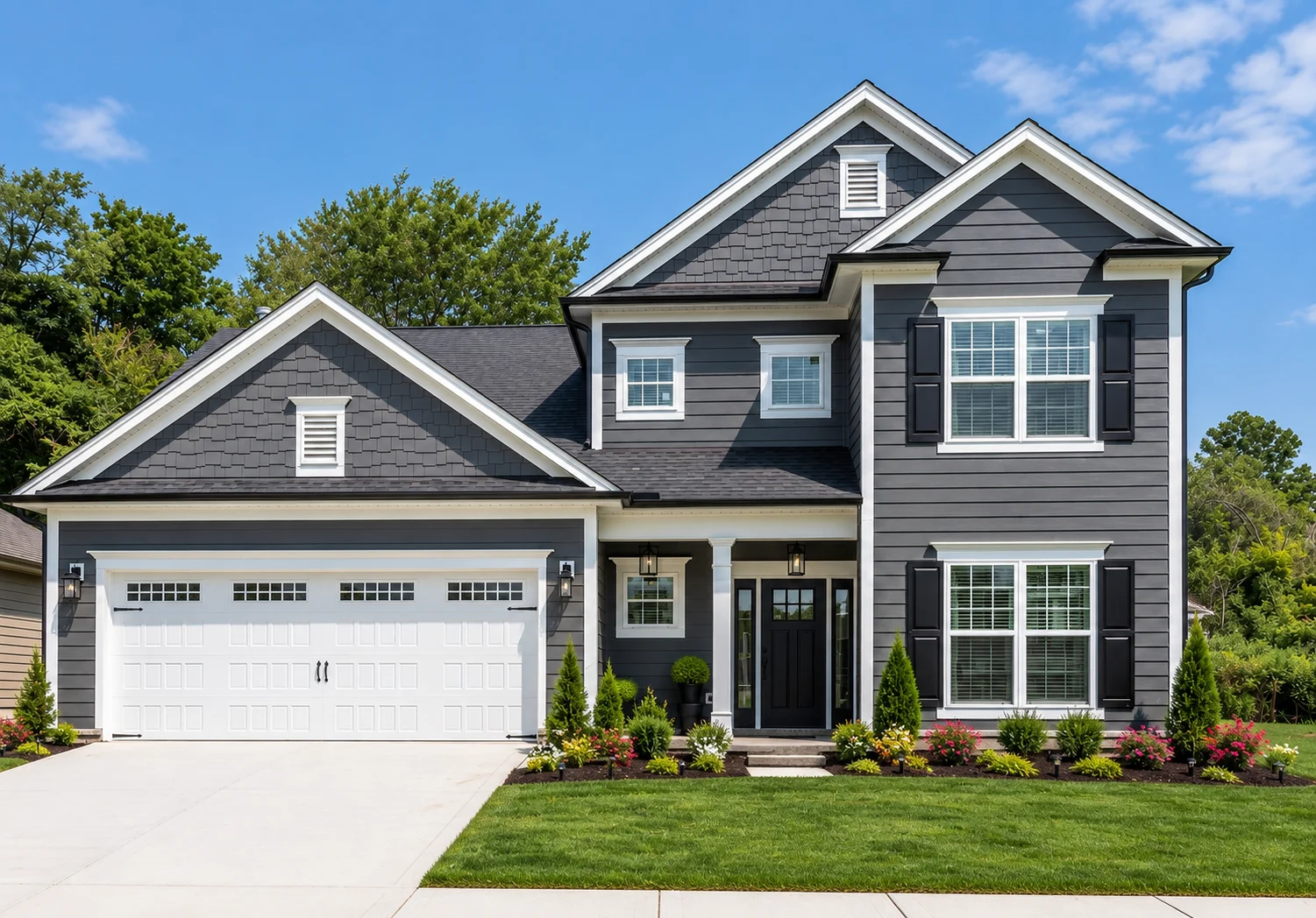 Two-story grey house with white trim, double garage, manicured lawn, and neat garden by Pratt Home Builders in Chattanooga TN.