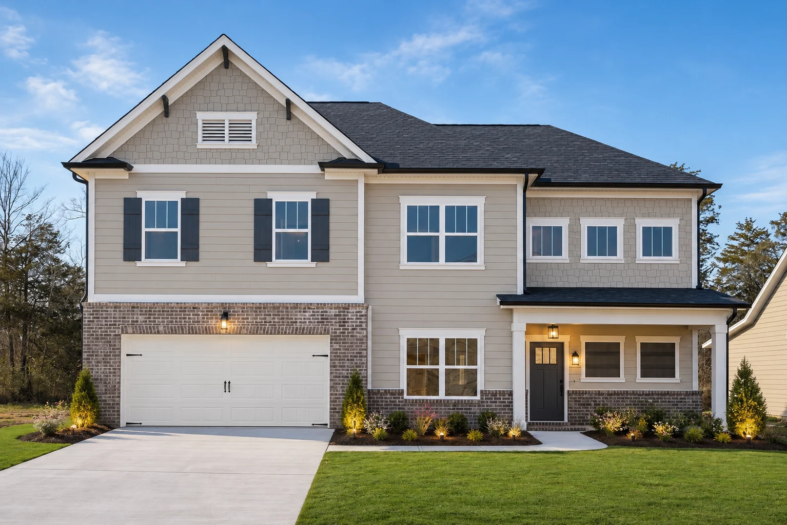 Two-story suburban home with manicured lawn, built by Pratt Home Builders in Chattanooga TN, featuring a brick facade and gray siding.