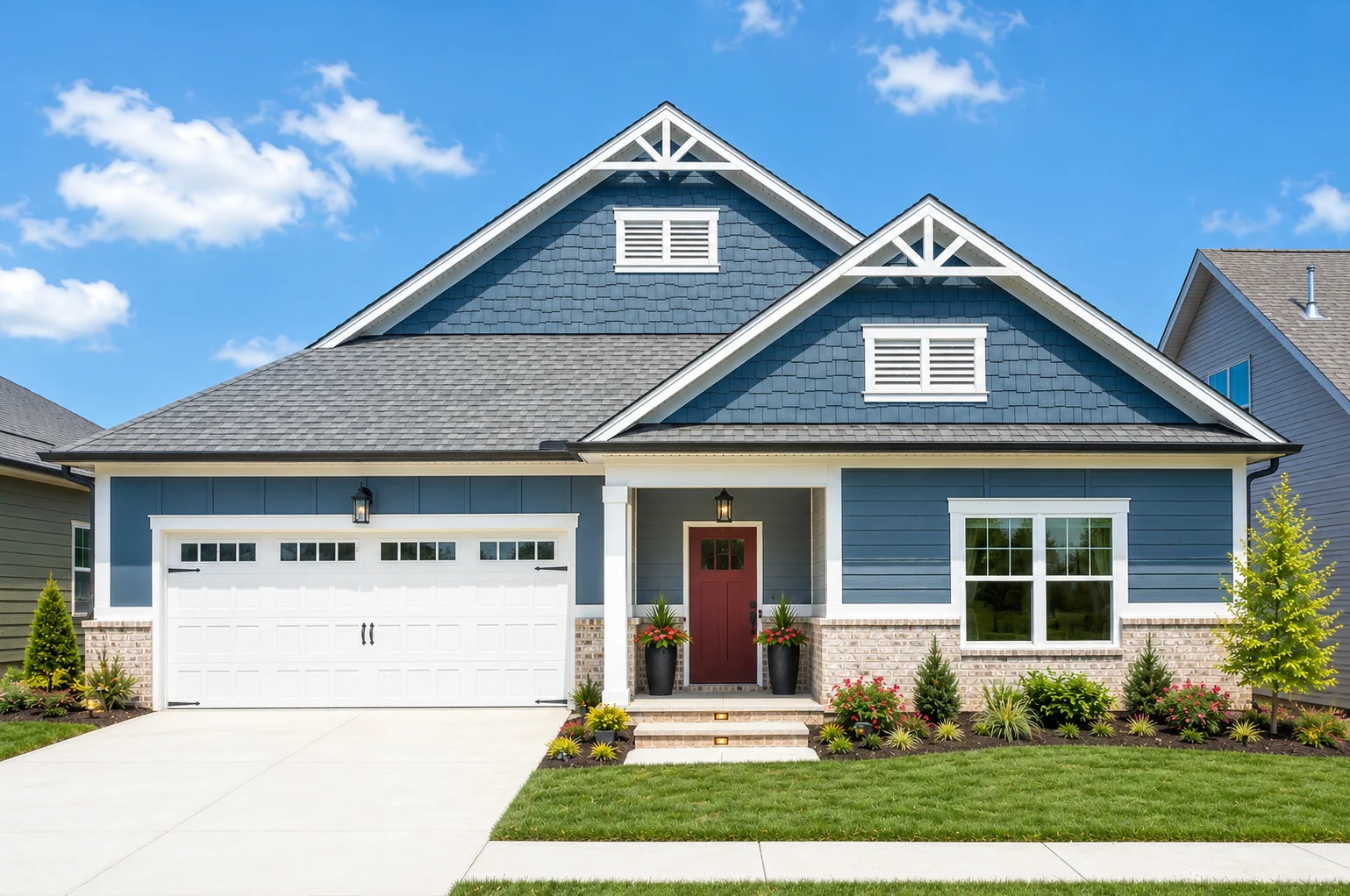 Blue and white house with red door, landscaped yard, and a double garage, built by Pratt Home Builders in Chattanooga TN.