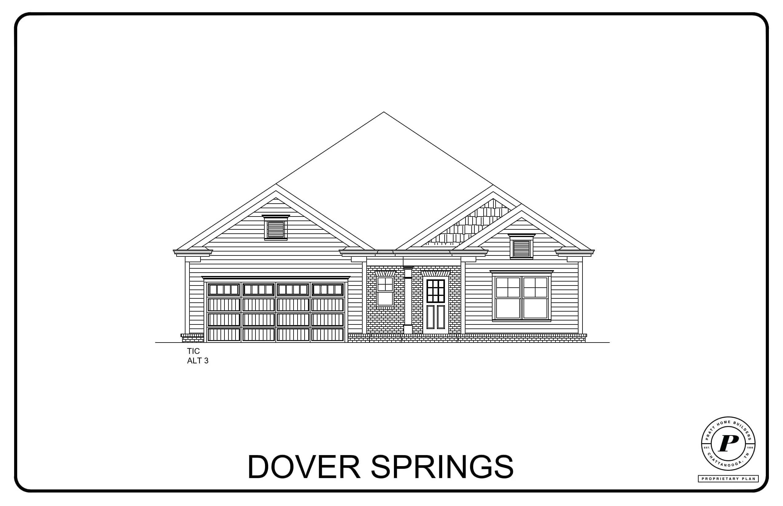 Dover Springs home design by Pratt Home Builders in Chattanooga, TN, features a gable roof, two-car garage, and symmetrical facade.