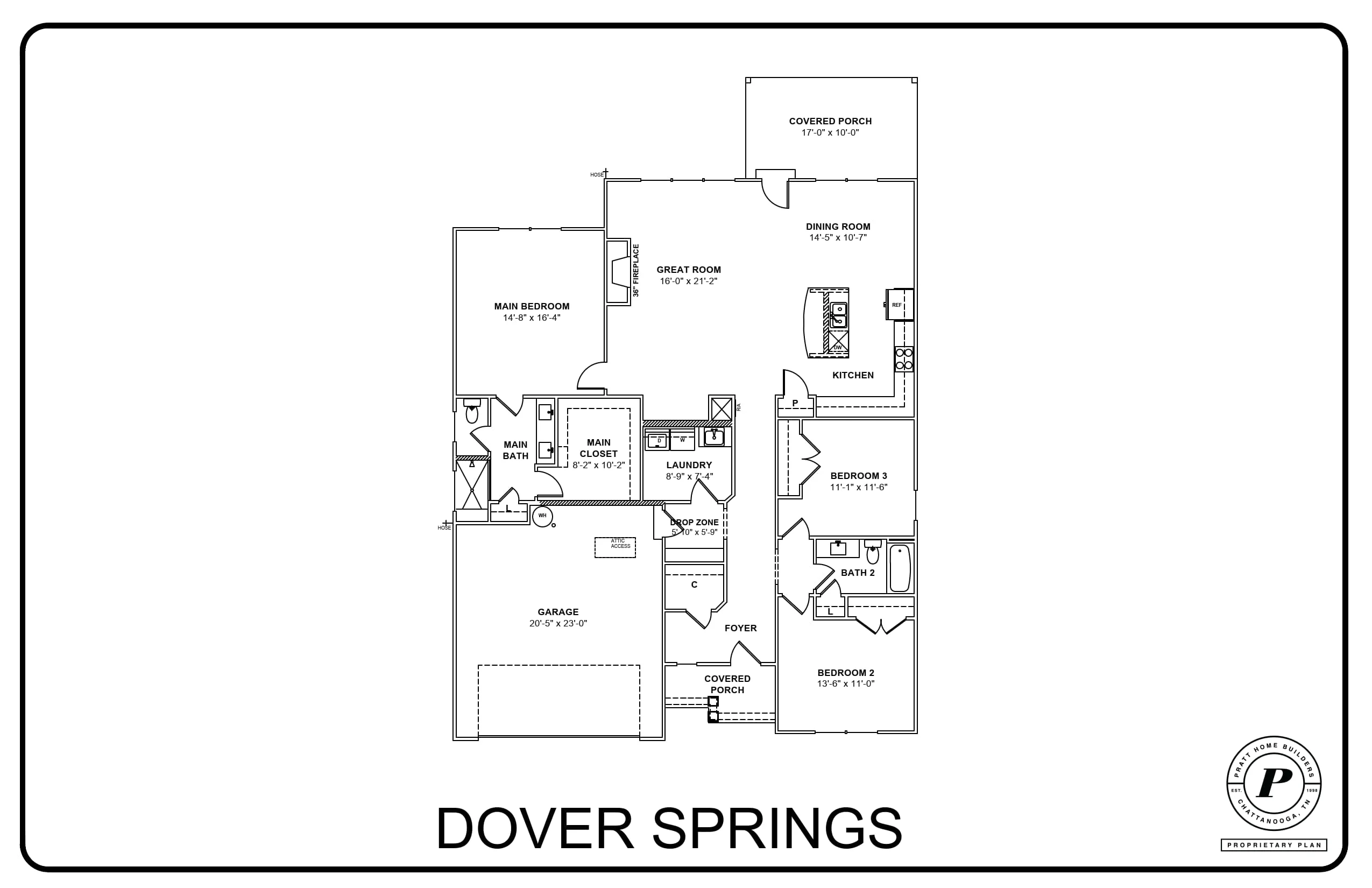 Floor plan for Dover Springs with three bedrooms, garage, and two porches by Pratt Home Builders in Chattanooga TN.