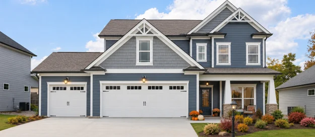 Modern two-story blue house with white accents, three-car garage, well-maintained lawn, and landscaping by Pratt Home Builders in Chattanooga, TN.