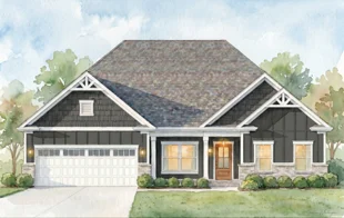 Illustration of a single-story house with dark siding, white trim, and a two-car garage, by Pratt Home Builders in Chattanooga TN.