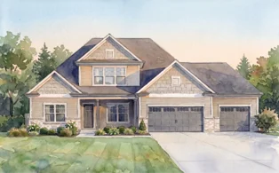 Craftsman-style home with stone accents, manicured lawn, and three-car garage, designed by Pratt Home Builders in Chattanooga TN.