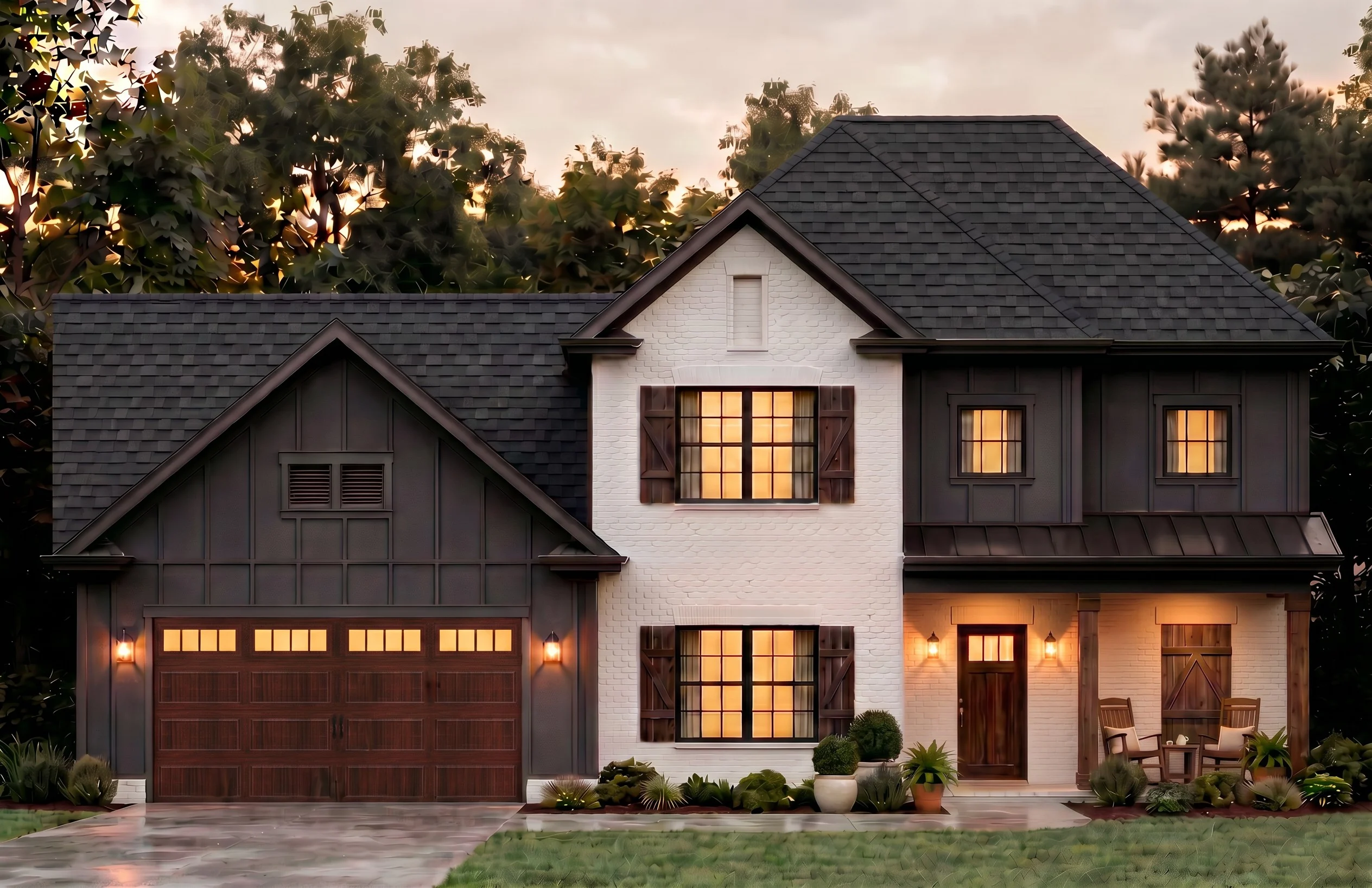 Peyton-floor-plan-front-exterior-home-for-sale Charming two-story home with brick and dark siding, warm lighting, porch seating. Built by Pratt Home Builders in Chattanooga TN.